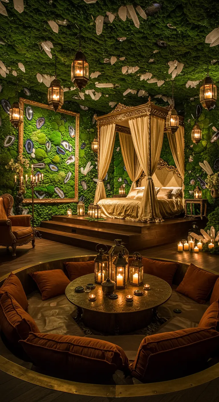 A luxurious bedroom with a canopy bed on a platform and a sunken lounge with Moroccan lanterns.