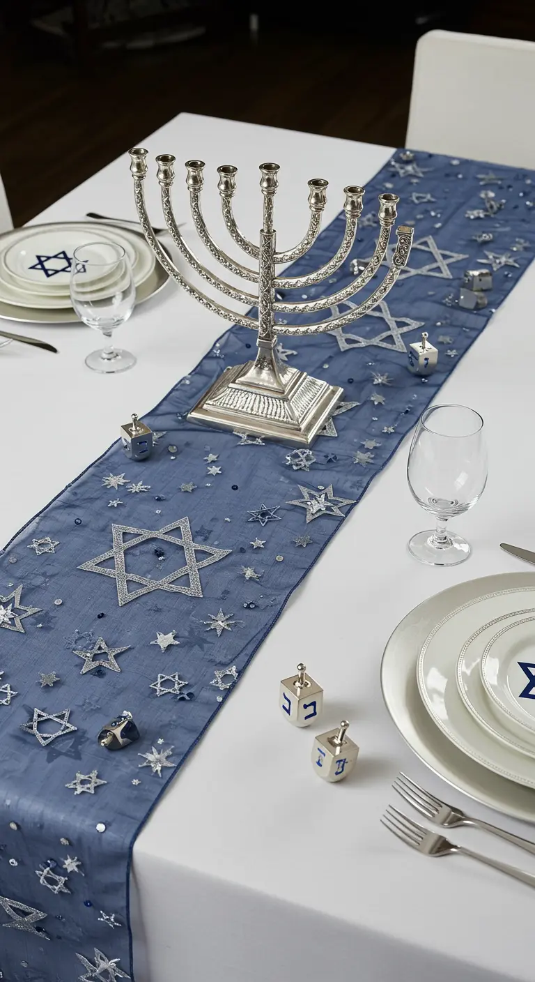 A sheer blue table runner decorated with silver glitter stars and Stars of David on a white tablecloth.