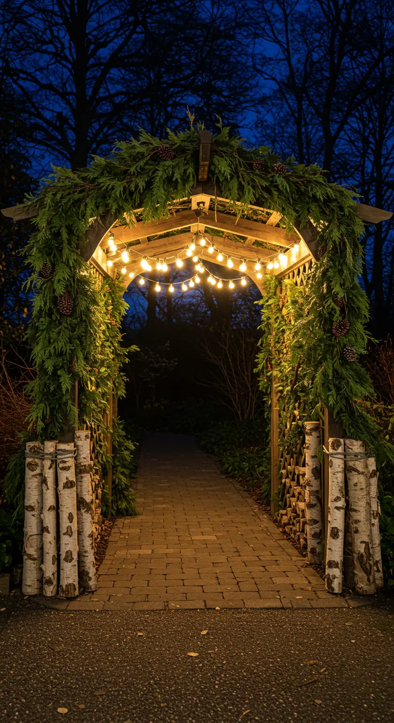 A wooden garden arbor wrapped in evergreen garlands with Edison bulbs and birch log bases.