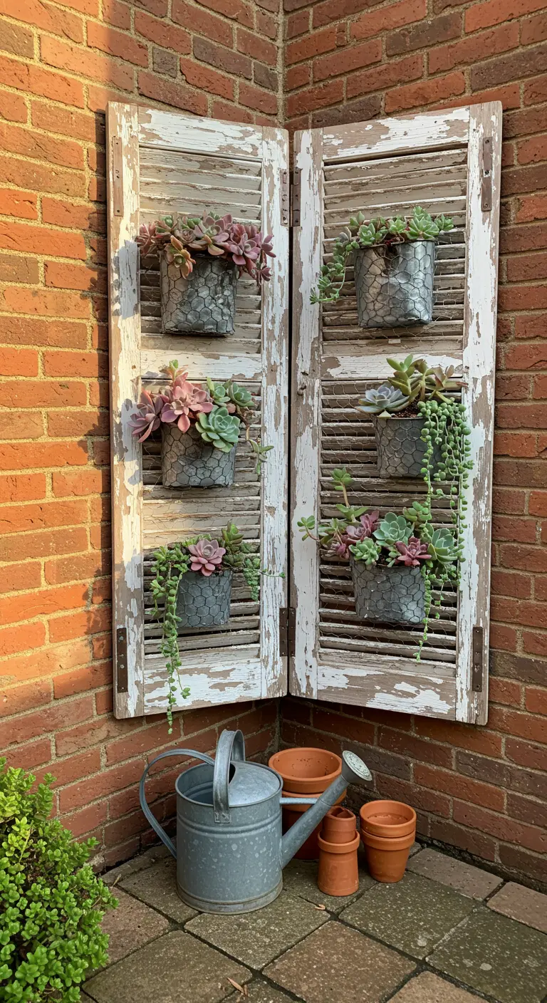 Two distressed white shutters with succulent planters in a brick corner.