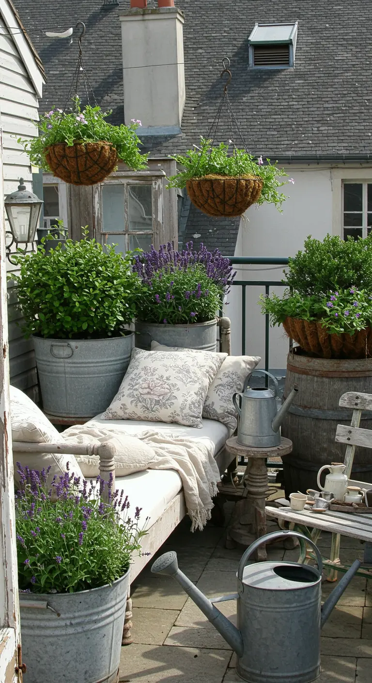Rustic rooftop with a wooden daybed, galvanized planters, and barrel pots with lavender.