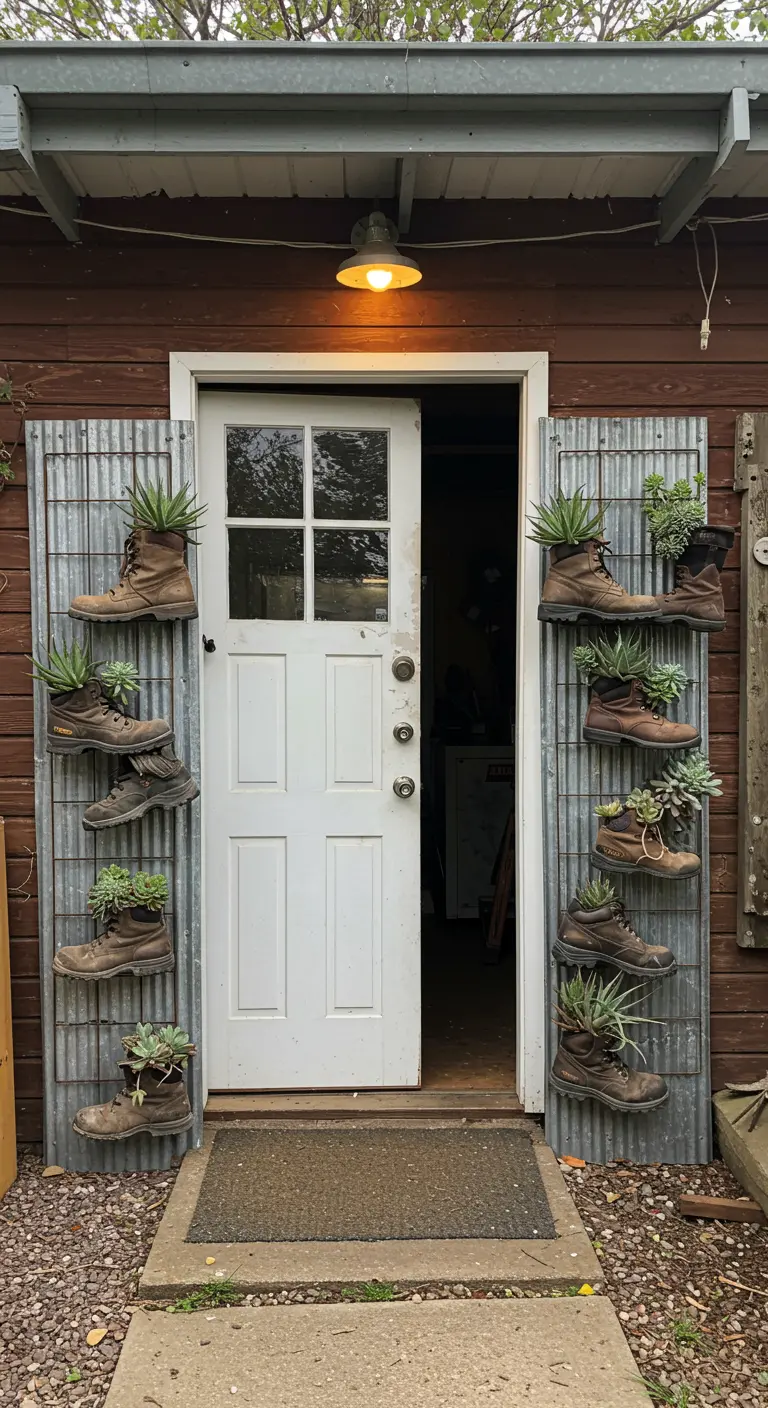 Hiking boot planters on metal panels symmetrically framing a white farmhouse door.