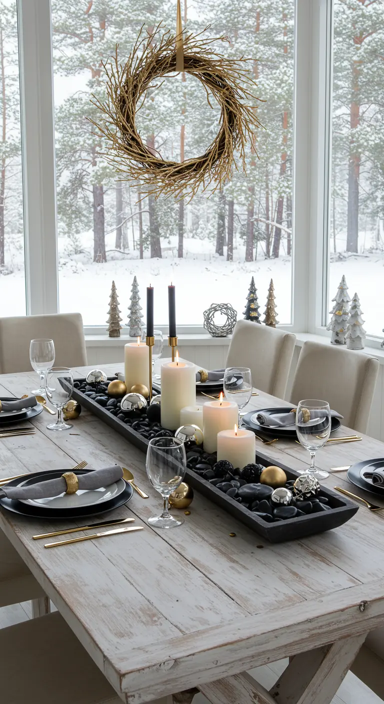 Rustic modern dining table with a long black centerpiece filled with candles and ornaments.