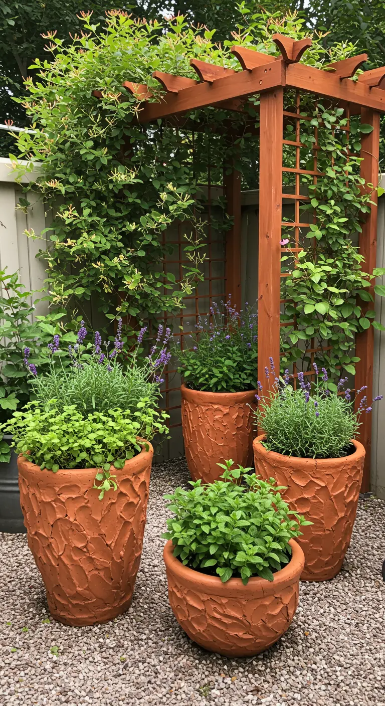 A garden corner with a wood pergola and textured terracotta pots filled with lavender and mint.
