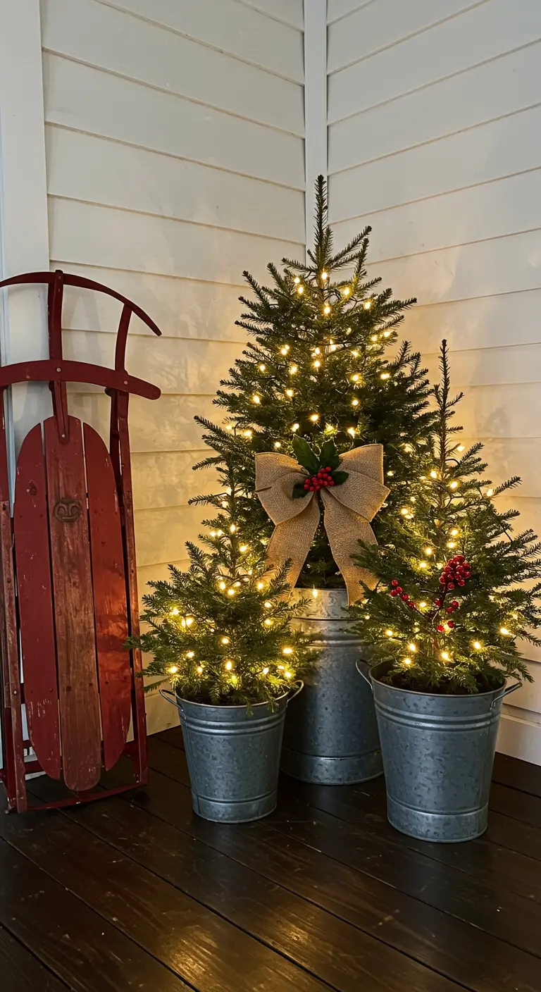 Three lit mini Christmas trees in galvanized pails next to a vintage red sled.