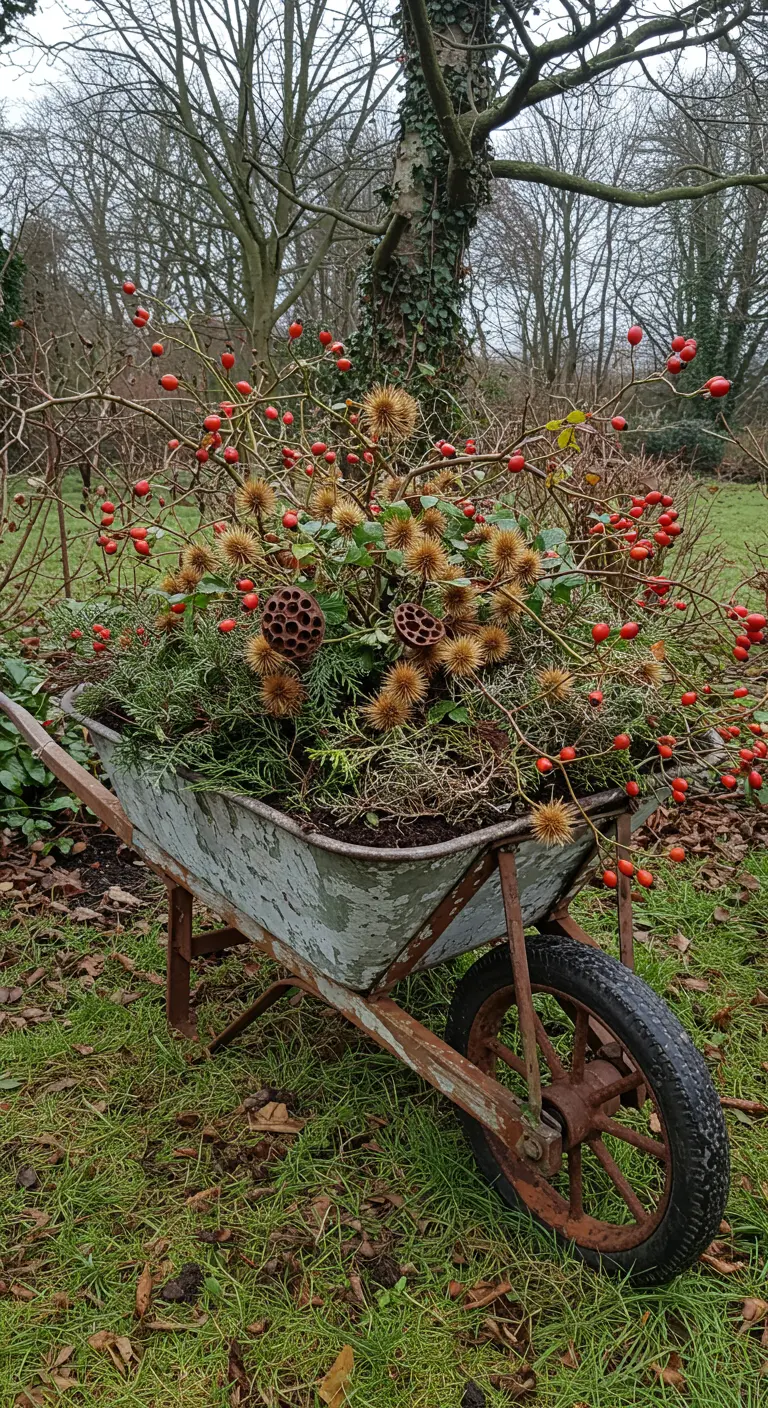 A rustic wheelbarrow filled with winter greens, rosehips, and dried seed pods.
