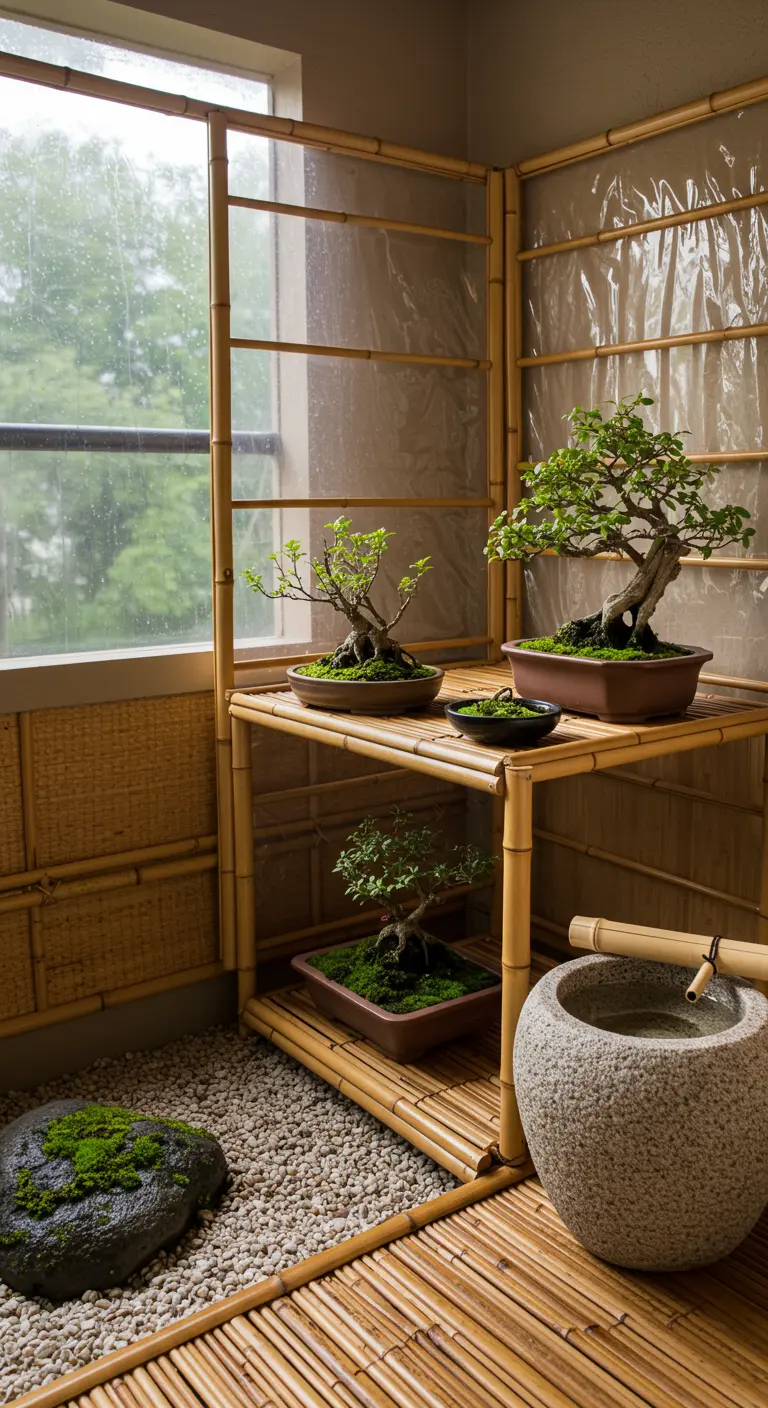 A tranquil, Japanese-inspired balcony corner with a bamboo greenhouse for bonsai trees.