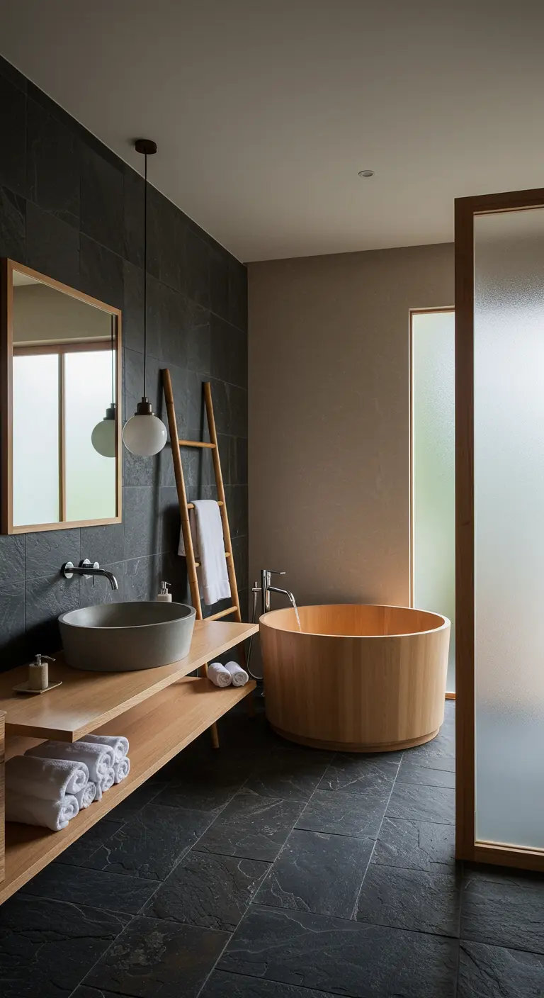Japandi bathroom with dark slate tiles, a wooden tub, and a floating vanity.