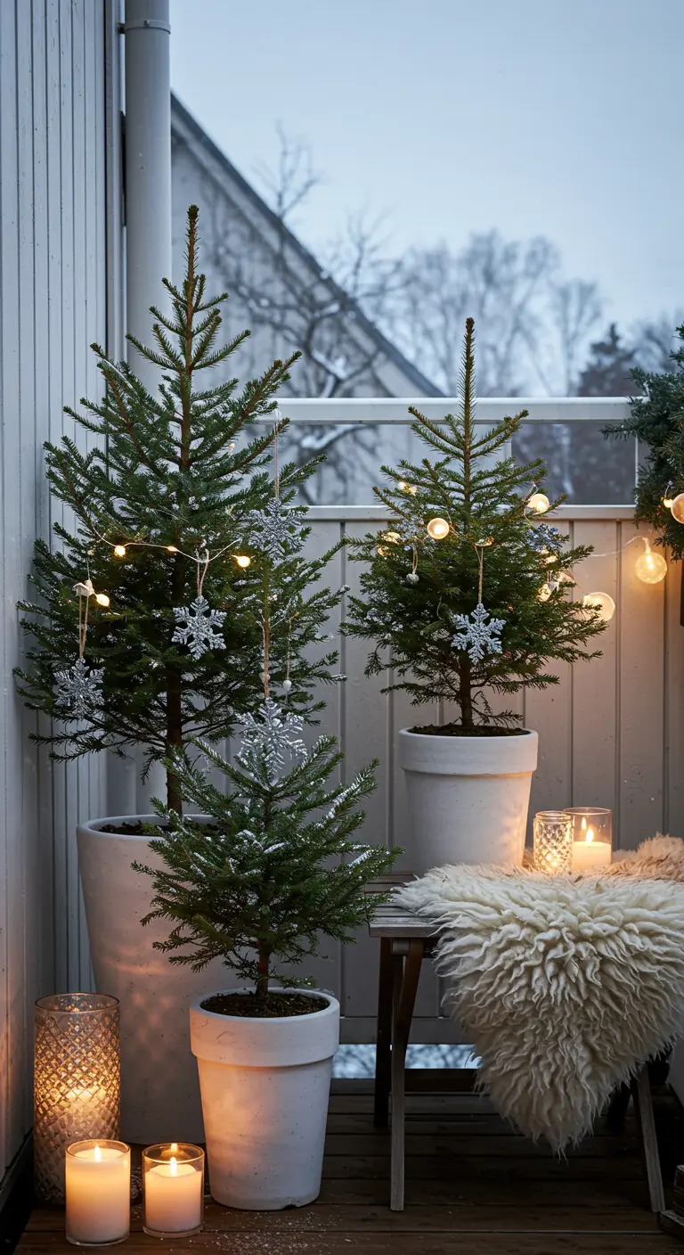 Three small Christmas trees in pots on a balcony with a sheepskin throw and candles.