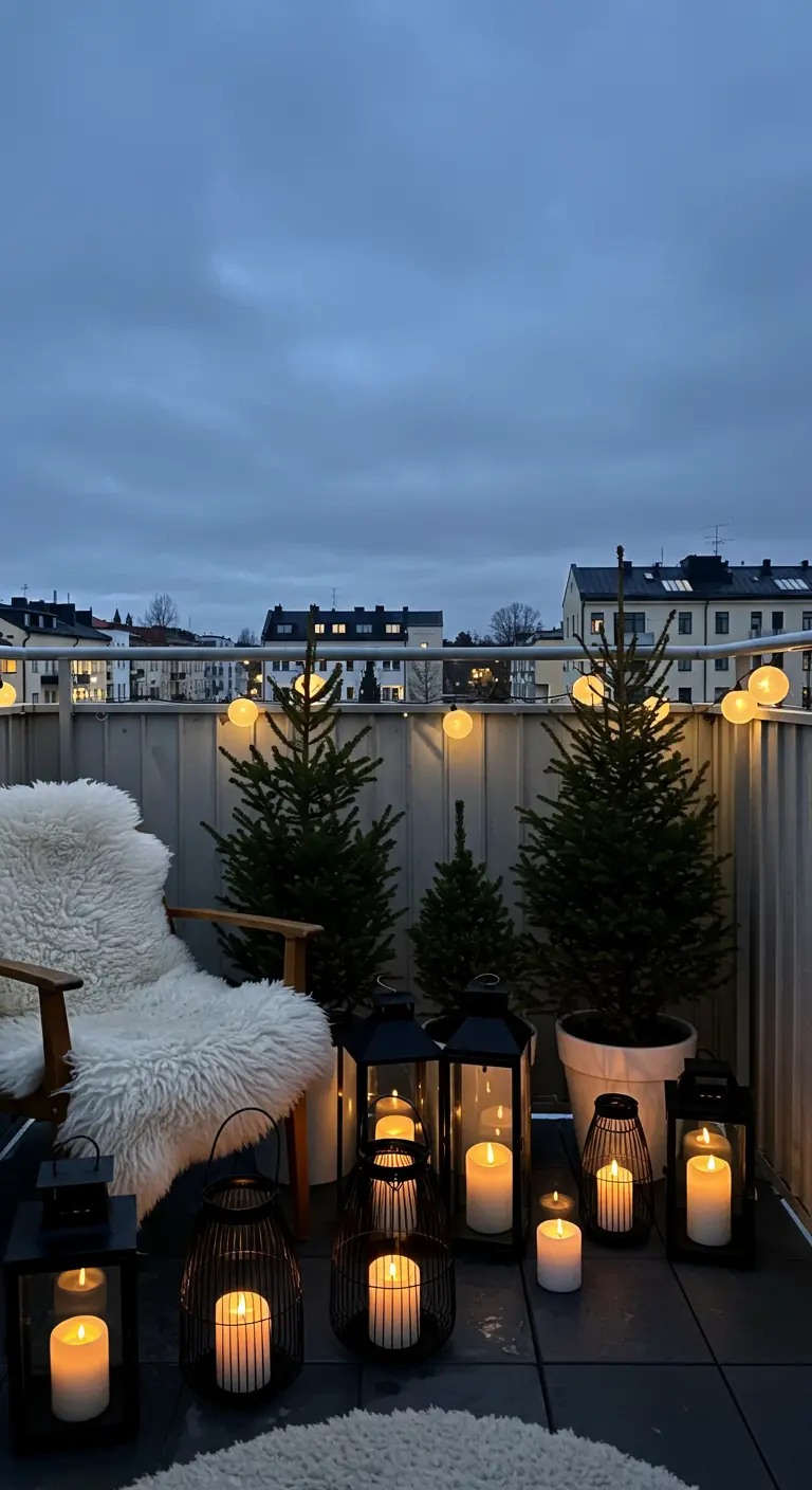 Cozy balcony at dusk with sheepskin on a chair, lanterns, and small fir trees.