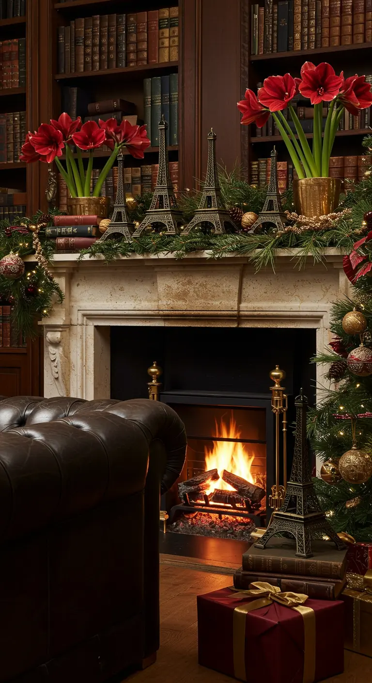 A cozy library with a fireplace, leather chair, and mantel decorated with Eiffel Towers and red amaryllis