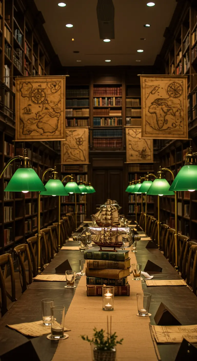 Long dining table in a library with ship-in-a-bottle centerpiece.