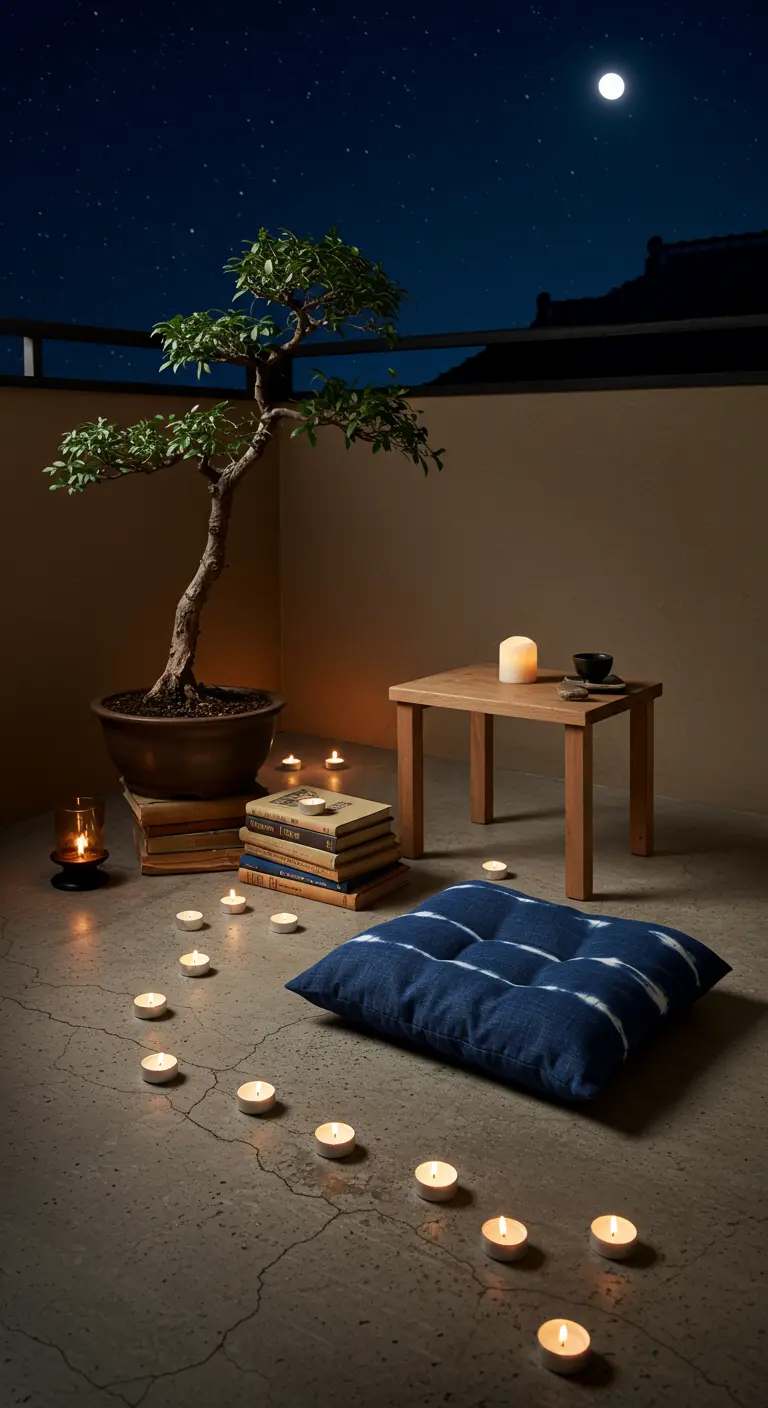 A minimalist balcony corner with a bonsai tree on books, a floor cushion, and scattered tea lights.