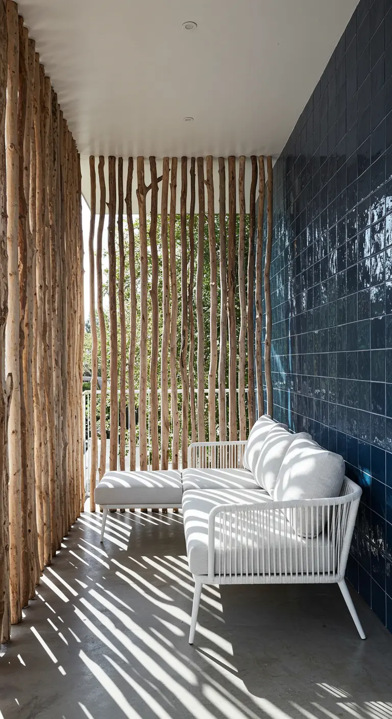 A balcony with a privacy screen made of vertical light-wood branches next to a white chaise lounge.