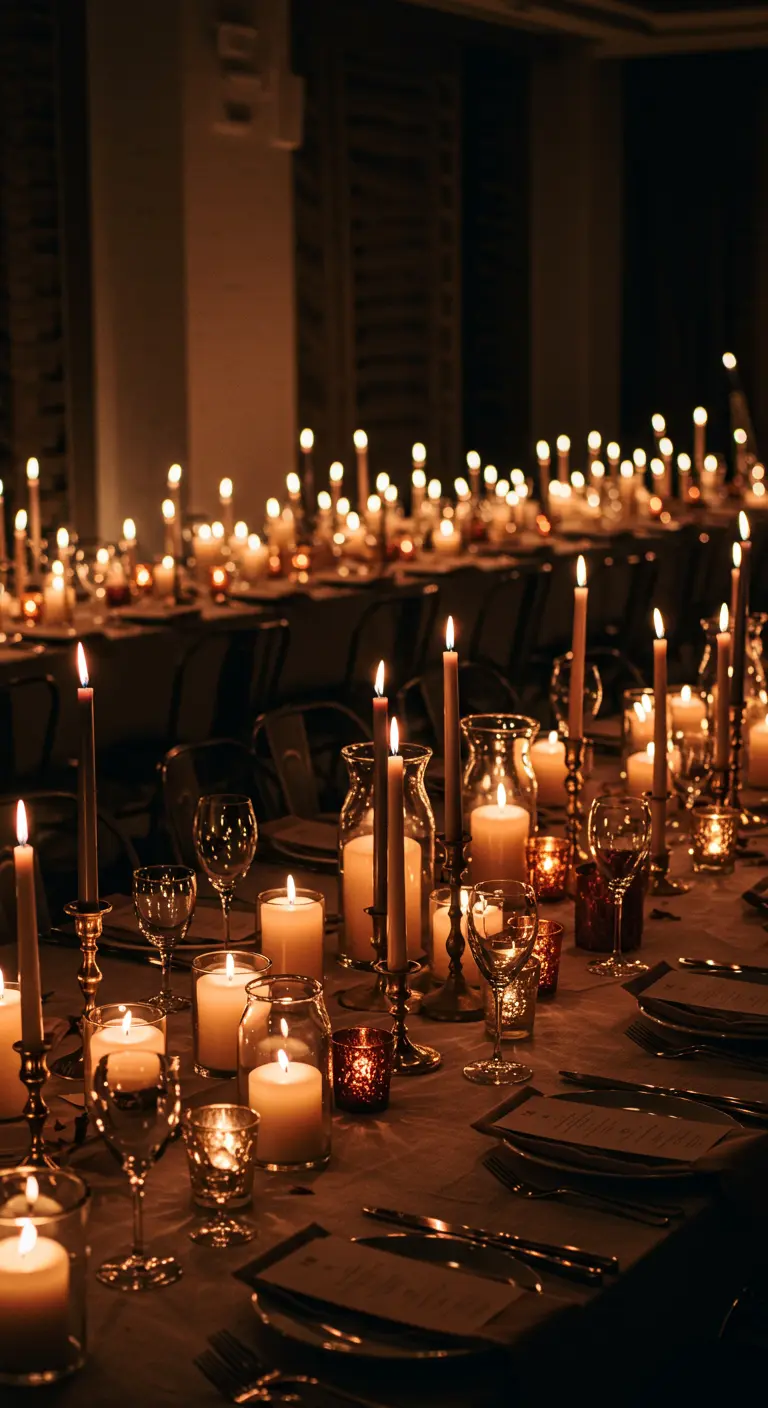 A long dining table lit exclusively by a dense arrangement of candles in various holders.