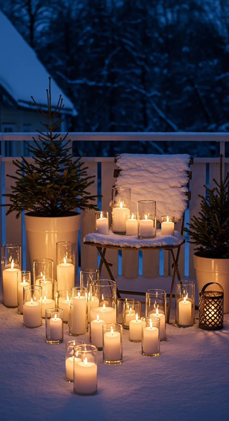 A balcony covered in snow, illuminated by a massive cluster of white candles in glass holders.