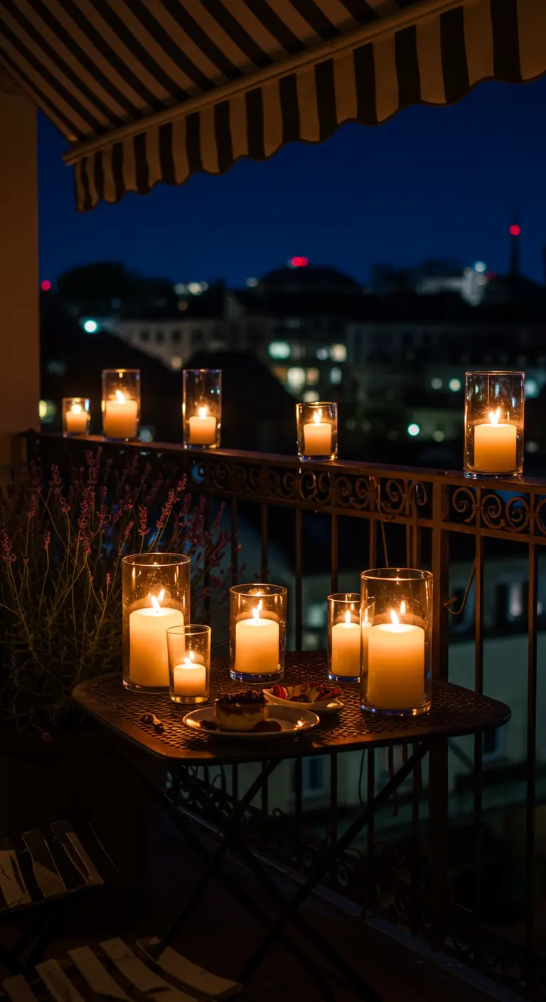 A balcony at night, illuminated by dozens of candles in glass hurricanes on the table and railing.
