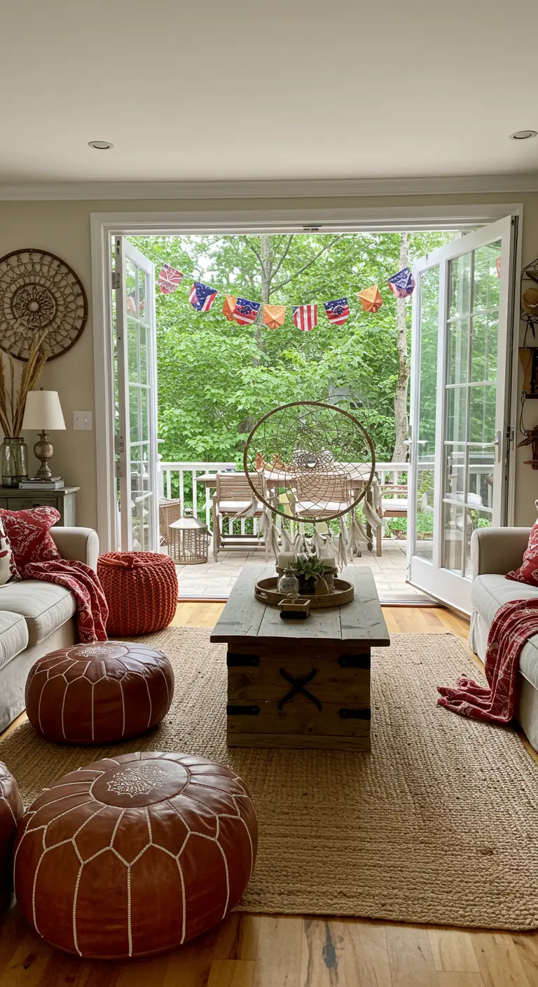 A living room with open doors to a patio, decorated with leather poufs and a dreamcatcher.