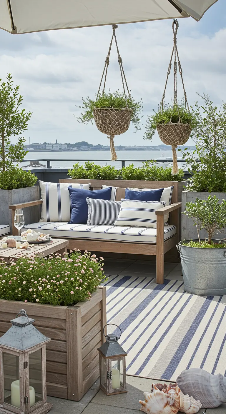 Nautical-themed rooftop with a wooden bench, striped cushions and rug, and hanging planters.