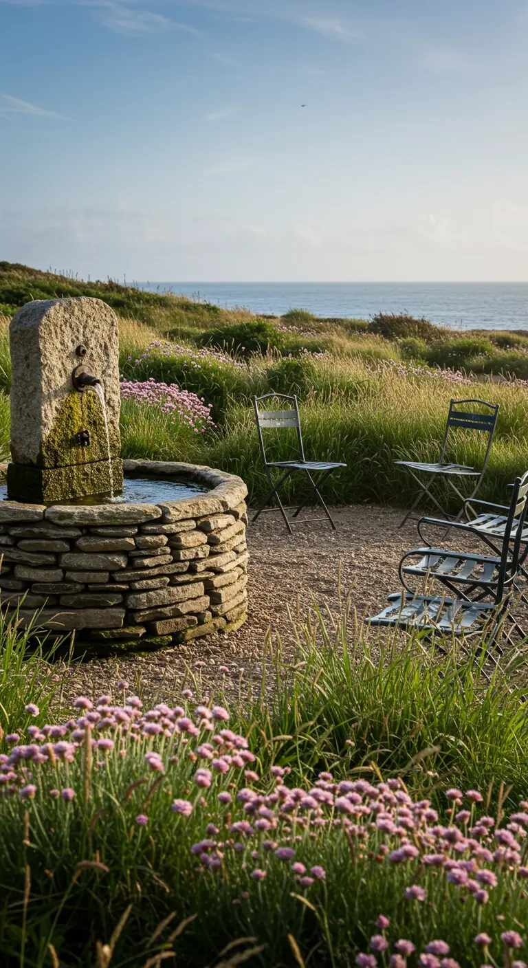 Stacked stone fountain overlooking the ocean, surrounded by coastal grasses.