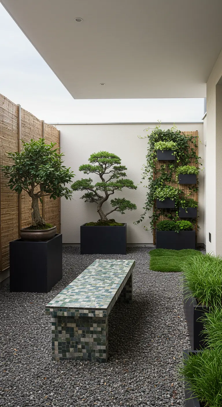Minimalist zen garden with a green mosaic bench, gravel, and bonsai trees.