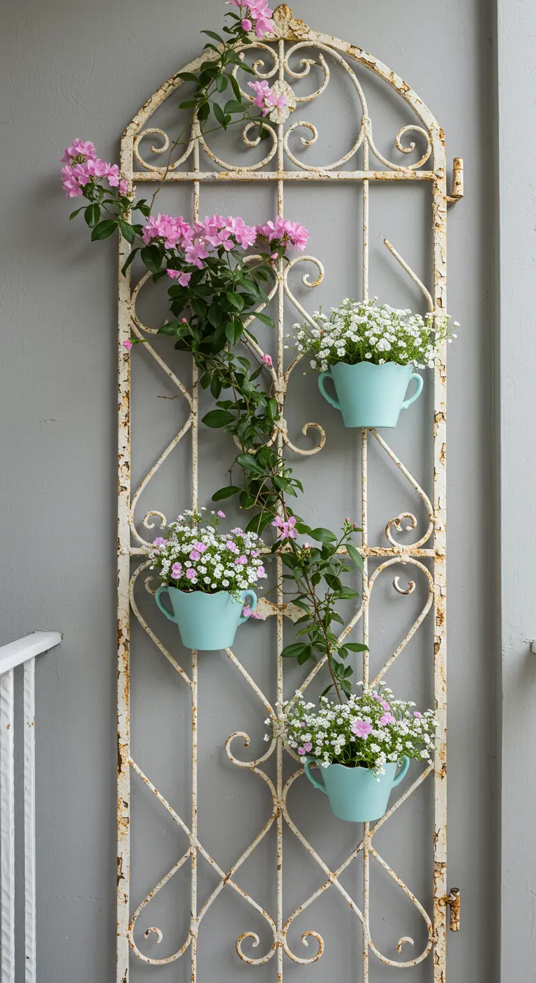 An antique white iron gate repurposed as a wall trellis for pink flowers.