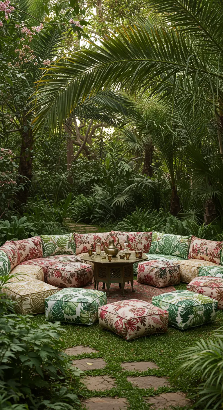 Square poufs with green and red botanical prints arranged in a circle on the grass in a lush garden.