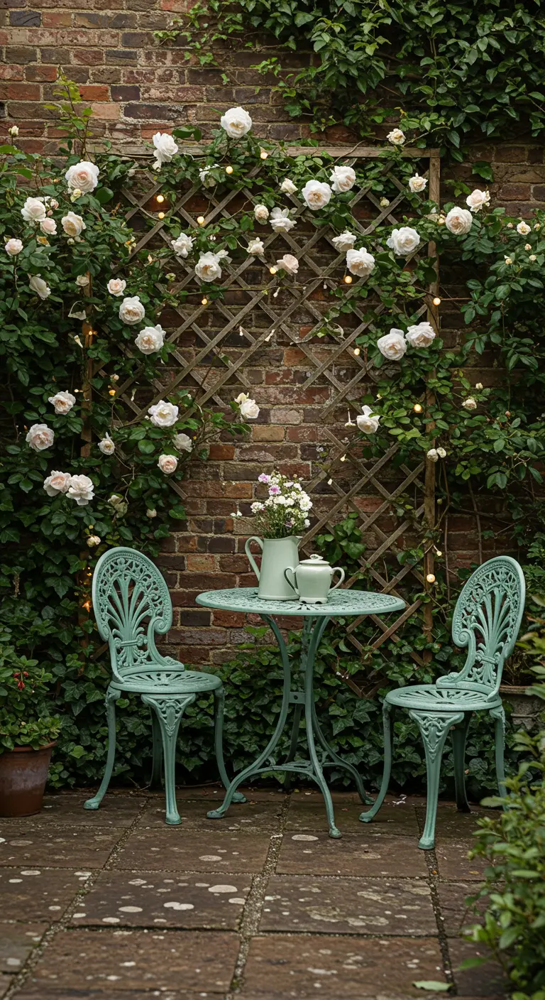 A mint-green bistro set against a brick wall with climbing white roses and a lighted trellis.