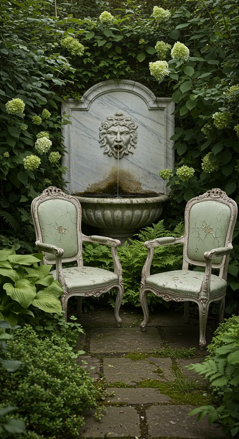 Two weathered green chairs sit in a lush green nook in front of a marble face fountain.