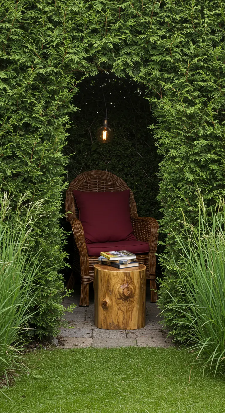 A cozy reading nook inside a hedge with a wicker chair, red cushion, and log table.