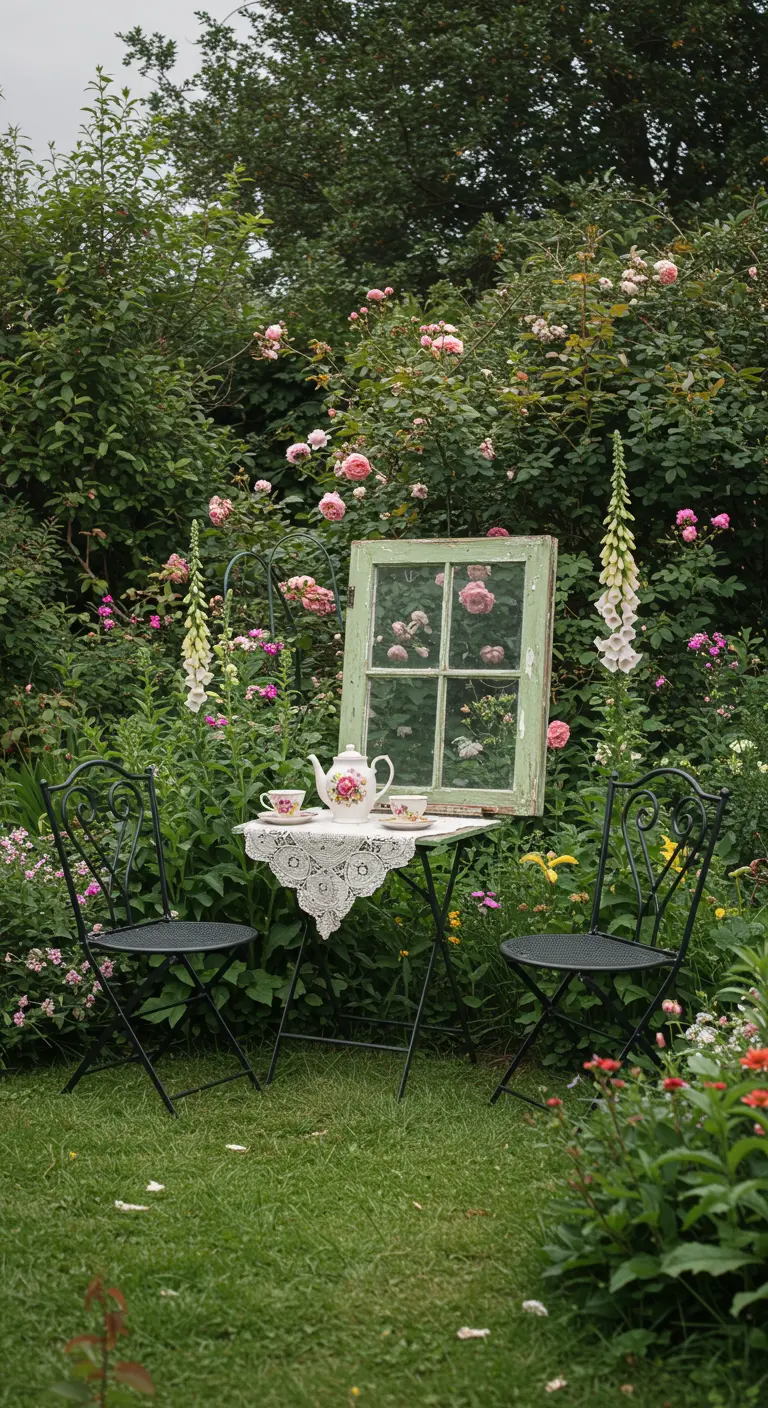 A small green window frame sits amidst a lush cottage garden behind a bistro table for two.