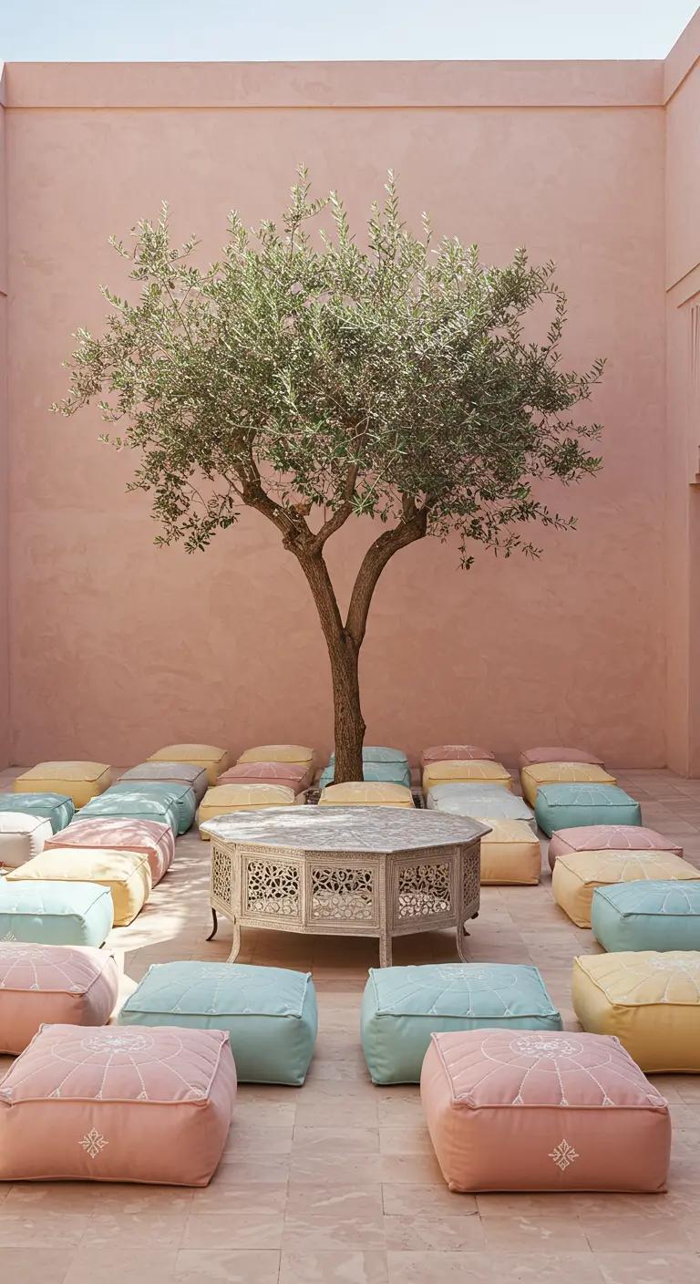 Pastel pink, yellow, and blue poufs arranged around an olive tree in a minimalist courtyard.