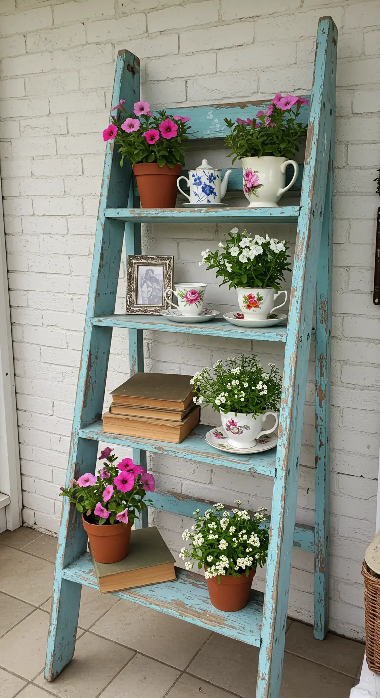 Distressed turquoise ladder holding vintage teacups planted with pink and white flowers.