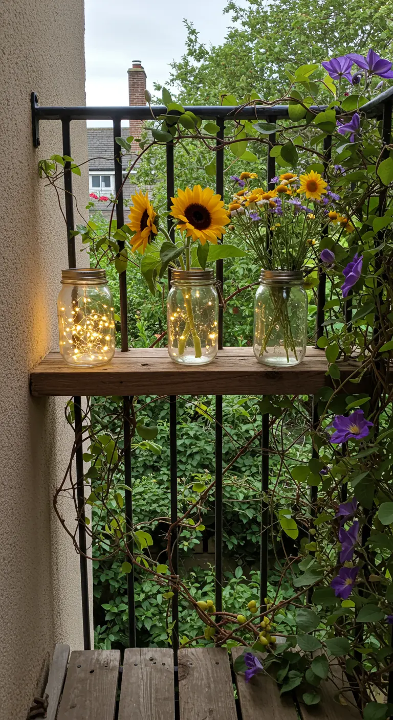 A small wooden shelf on a balcony railing holding mason jars with flowers and fairy lights.