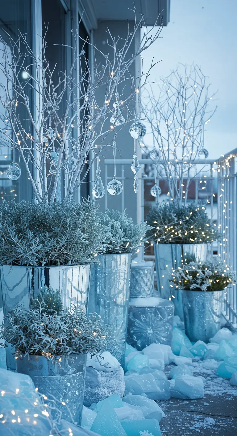 A fantasy balcony scene with silver branches, glass ornaments, and icy blue tones.