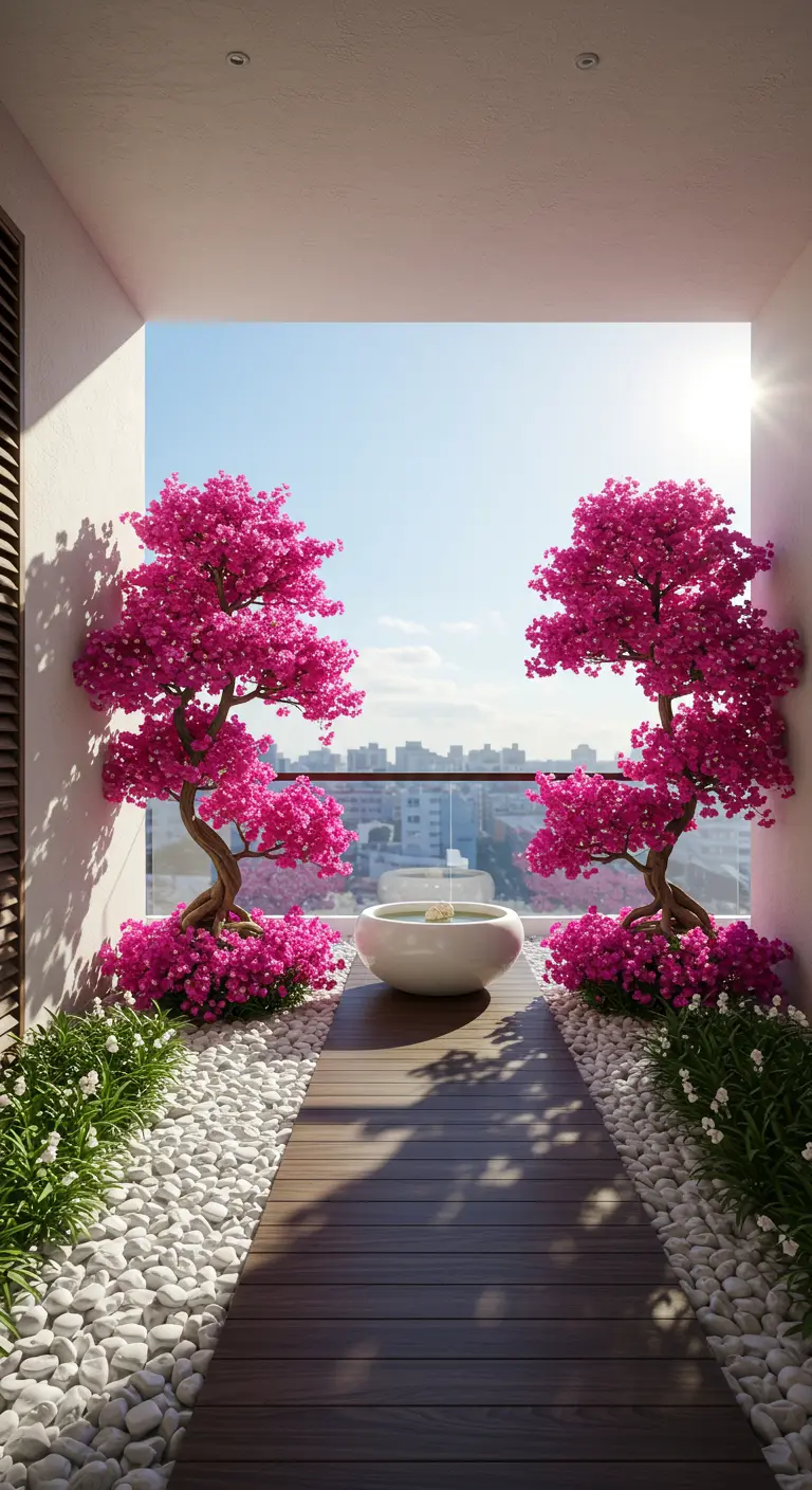 Bright balcony with a wooden path, white stones, and two vibrant pink bougainvillea bonsais.