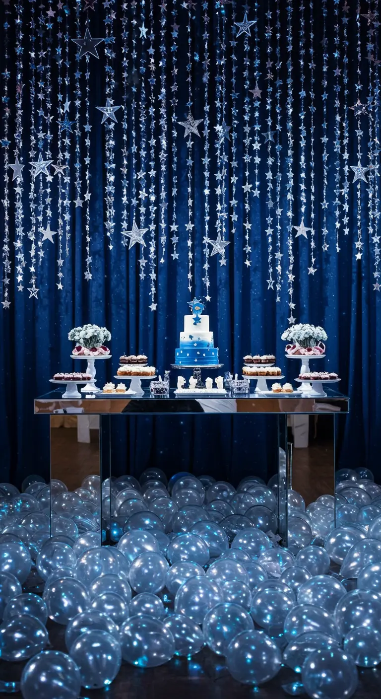 A dense curtain of hanging silver stars over a dessert table and clear balloons.