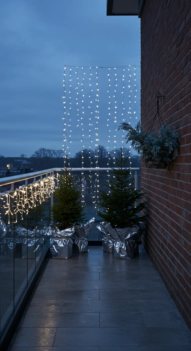 Two small fir trees in silver-wrapped pots with a curtain of fairy lights behind them on a modern balcony.