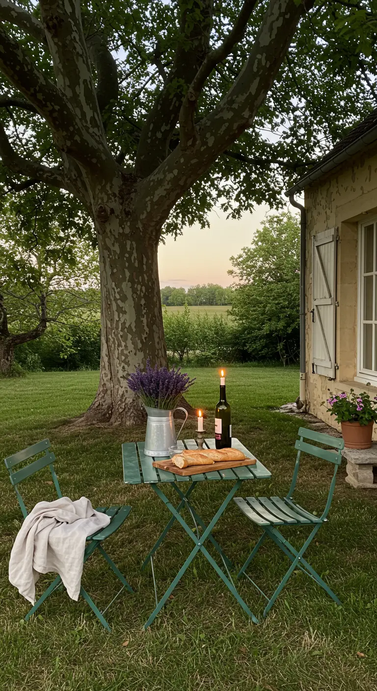 A small green bistro table set for two in a grassy yard with lavender and a baguette.