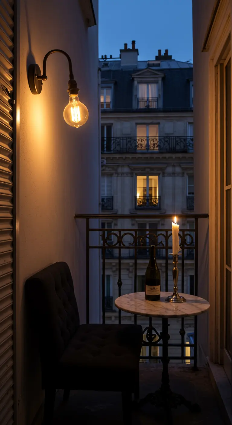 A tiny Parisian balcony with a small chair, a marble bistro table, and a single lit candle.