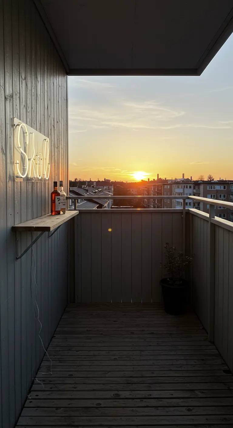 Minimalist balcony with a small shelf bar and a 'Skål' neon sign at sunset.