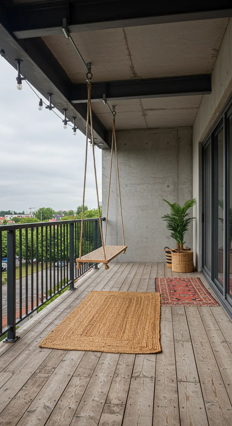 A simple wooden swing hanging from a concrete ceiling on a balcony with layered rugs.