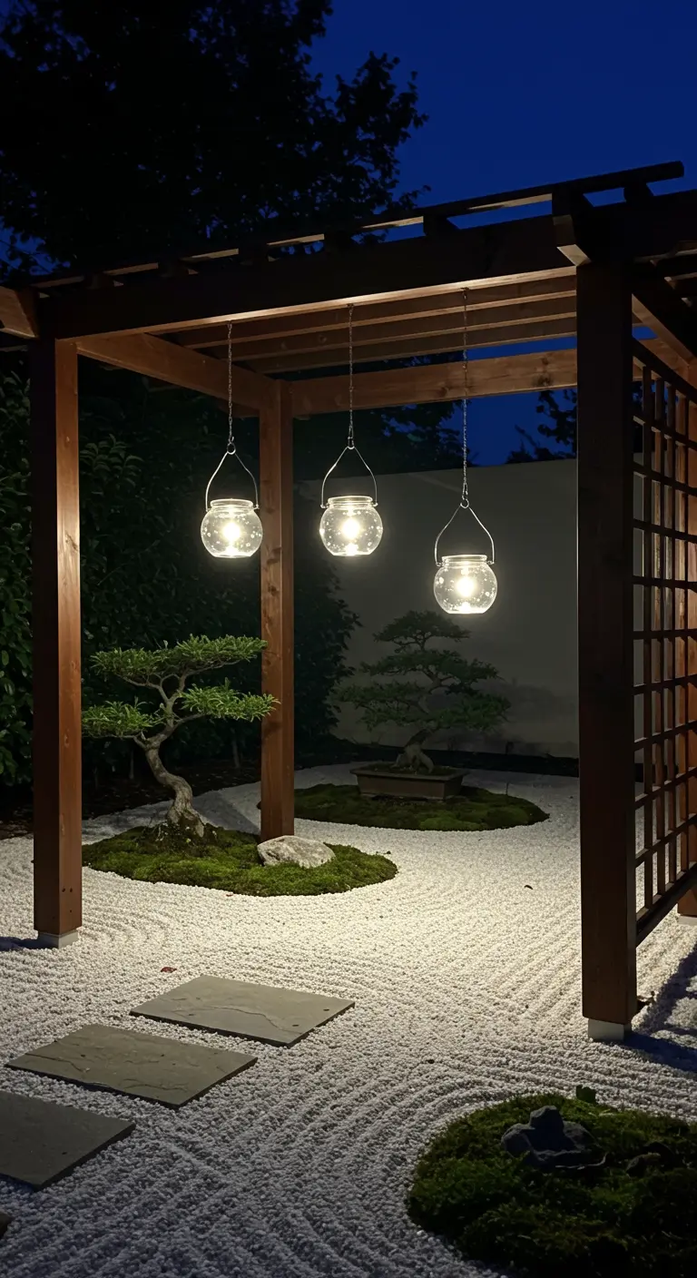 A Japanese Zen garden at night with three glowing spherical lights hanging over bonsai.