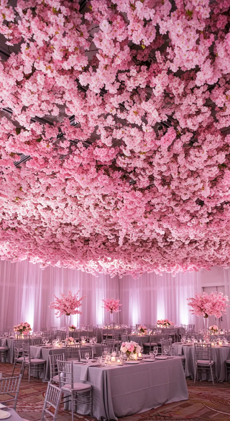 An expansive ceiling completely covered in pink cherry blossoms in a softly lit ballroom.