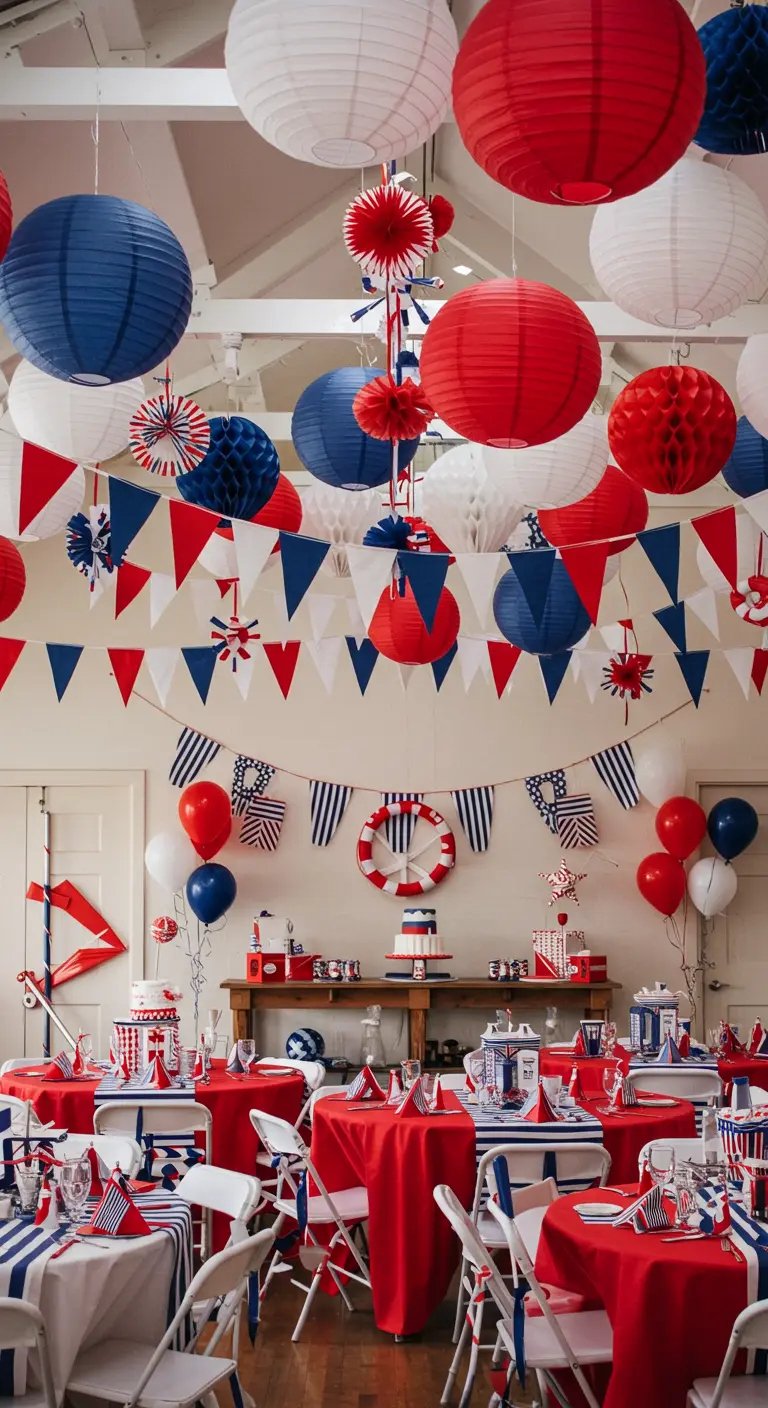 A room filled with red, white, and blue paper lanterns and pennant banners.