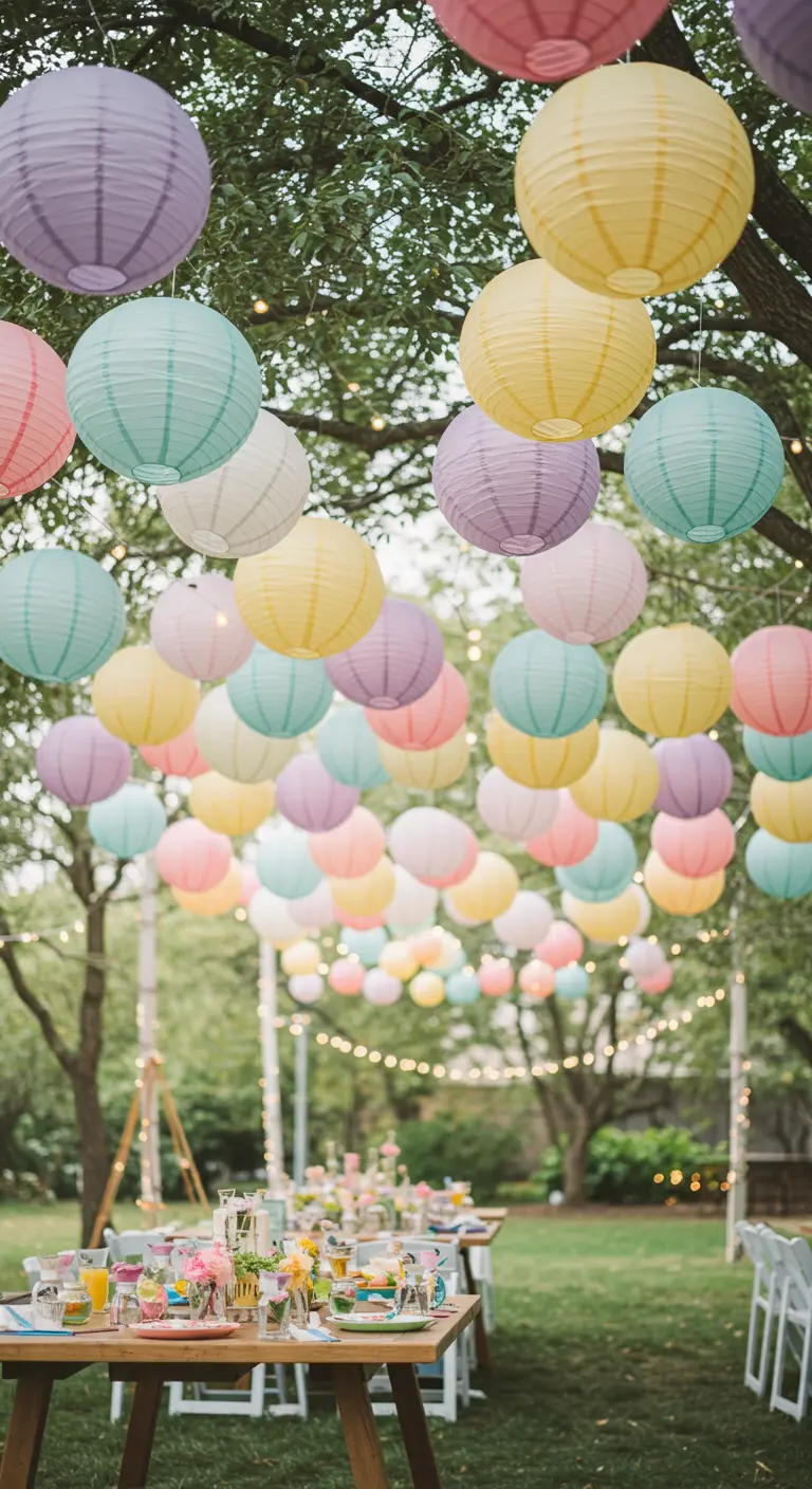 Dozens of pastel-colored paper lanterns hanging from trees over an outdoor party table.