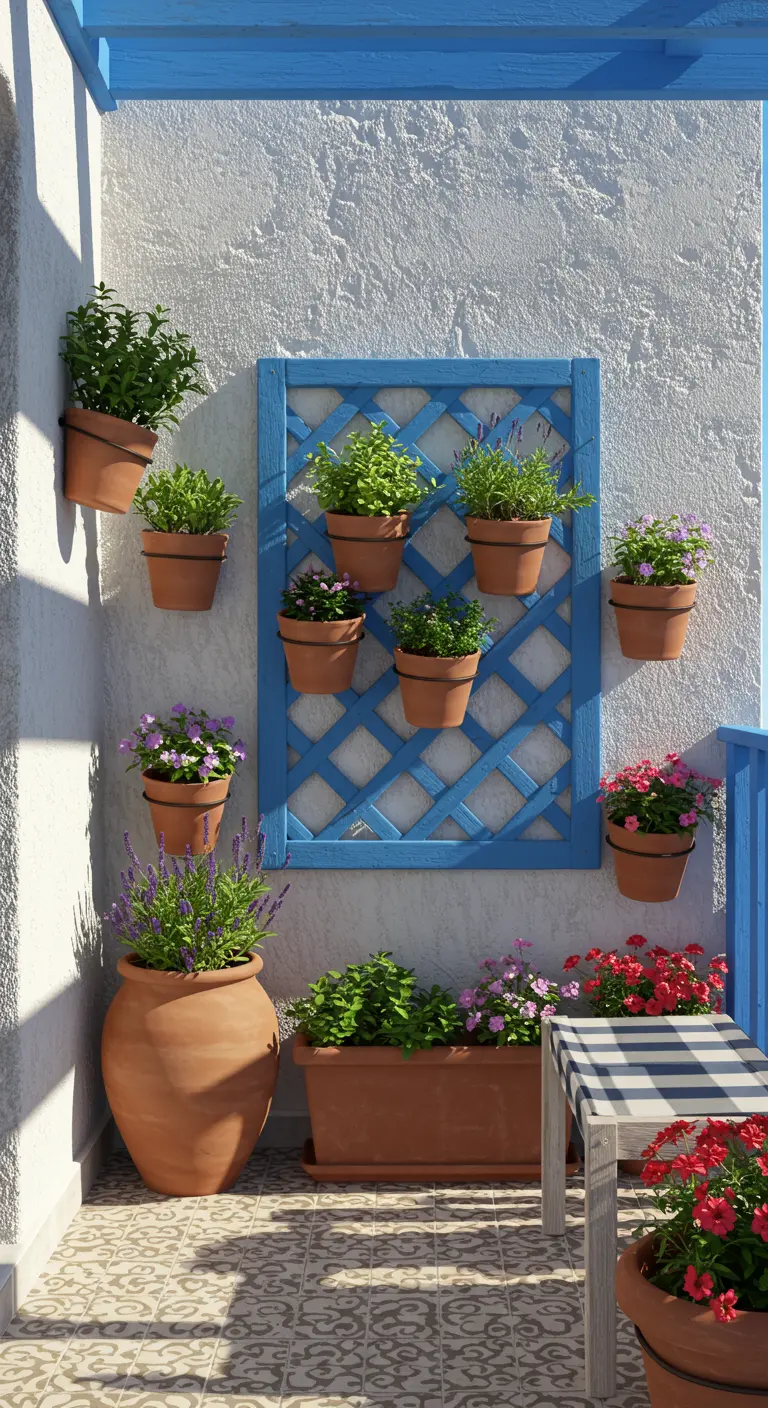 A blue trellis on a white stucco balcony wall, evoking a Greek island aesthetic.