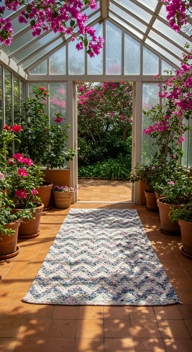 A long chevron runner on a terracotta tile floor in a sunroom filled with flowering plants.