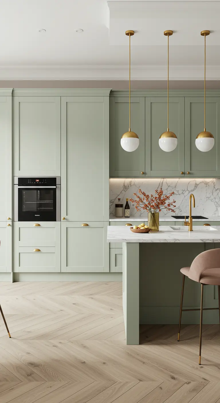 Kitchen with sage green cabinets, brass hardware, marble backsplash, and herringbone floors.