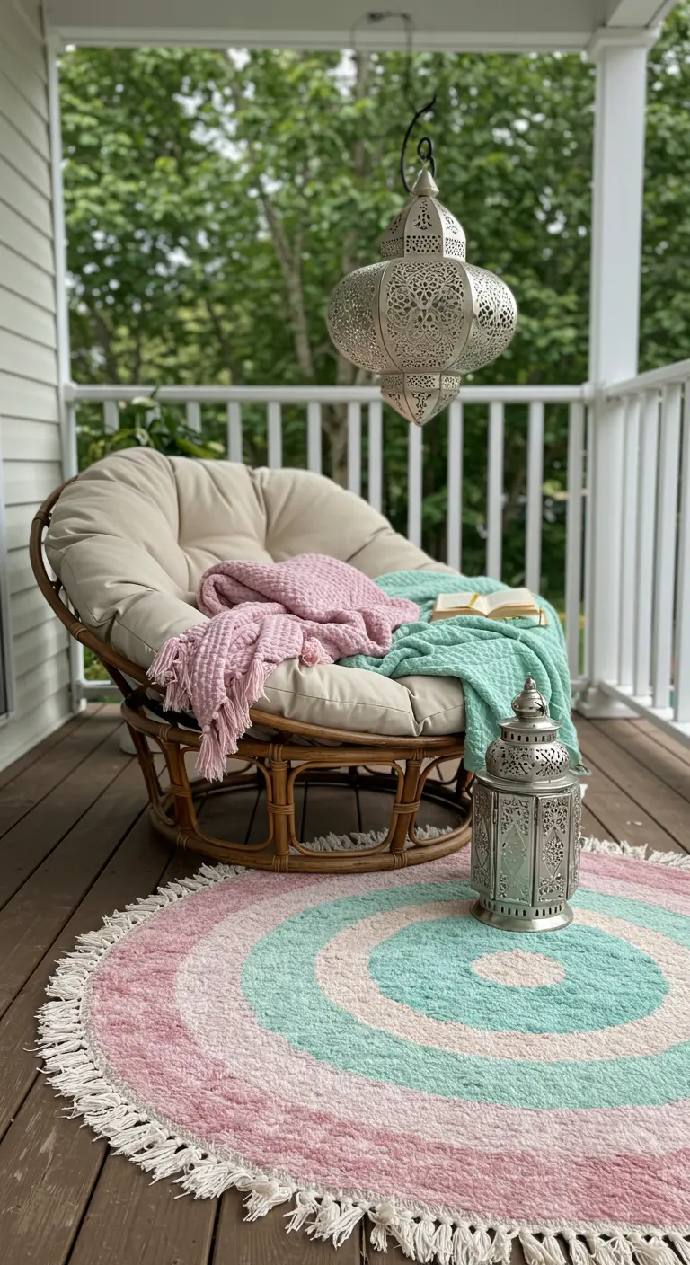 Cozy porch with a papasan chair, a pastel round rug, and a silver Moroccan lantern.